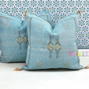 YAKITI-Blue Square Moroccan Pillows 20x20,Aka Cactus Silk pillow, Decorative pillows,Sabra pillows, Moroccan decor Designer CACTUS SILK