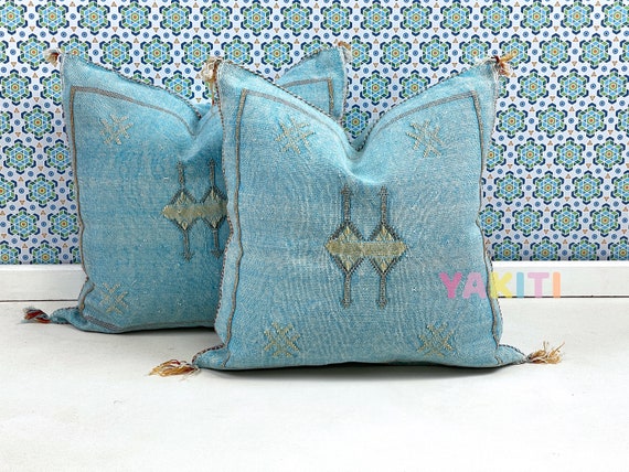 YAKITI-Blue Square Moroccan Pillows 20x20,Aka Cactus Silk pillow, Decorative pillows,Sabra pillows, Moroccan decor  Designer CACTUS SILK