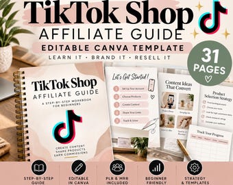 Może przedstawiać: Spiralny skoroszyt TikTok Shop Affiliate Guide z różowo-białą okładką i logo TikTok. Zestaw zawiera 31 stron edytowalnych szablonów Canva, instrukcje krok po kroku, pomysły na treści oraz arkusze do śledzenia postępów pracy.