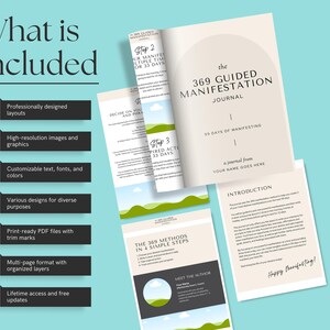 May include: A digital download of a 369 Guided Manifestation Journal. The journal is designed to help you manifest your goals over 98 days. The journal includes a variety of pages, including an introduction, a meet the author page, and a section for daily journaling. The journal is available in a multi-page format with organised layers.