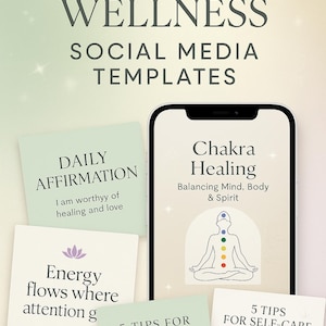 May include: A digital mockup of social media templates for Reiki and wellness. The image features a smartphone displaying a Chakra Healing graphic, surrounded by sticky notes with affirmations and self-care tips. Text includes "60 Reiki + Wellness" and "Social Media Templates."