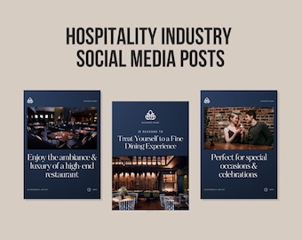 May include: Three social media posts for a restaurant or hospitality business. The first post features a photo of a dimly lit restaurant interior with tables and chairs. The text reads "Enjoy the ambiance & luxury of a high-end restaurant". The second post features a photo of a restaurant interior with a wooden bar and tables. The text reads "10 REASONS TO Treat Yourself to a Fine Dining Experience". The third post features a photo of a couple sitting at a table in a restaurant. The text reads "Perfect for special occasions & celebrations".
