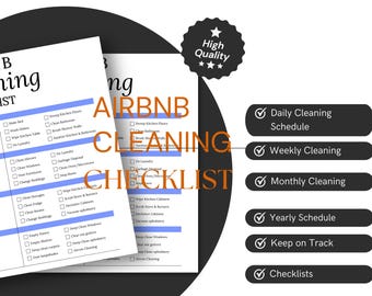 May include: An Airbnb cleaning checklist document featuring white paper with black text and blue horizontal lines. The text includes Daily Cleaning Schedule, Weekly Cleaning, Monthly Cleaning, Yearly Schedule, Keep on Track, and Checklists.