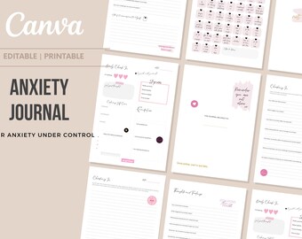 May include: A printable anxiety journal with the text "Anxiety Journal" and "Get your anxiety under control". The journal includes pages for tracking thoughts, feelings, and coping skills.