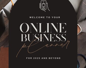 Könnte beinhalten: Schwarzweißes Grafik mit einem Bogen. Die Grafik lautet "Willkommen zu Ihrem Online-Business-Planer für 2025 und darüber hinaus" mit einem stilisierten Telefonsymbol und der Website-Adresse "www.yourwebsite.com".