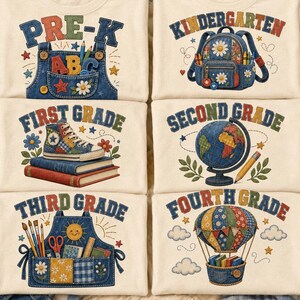 May include: Six cream-coloured t-shirts featuring school-themed graphics. Designs include a denim overall pocket with ABC blocks, a floral backpack, a high-top sneaker on books, a globe with a pencil, an art apron, and a hot air balloon with books.