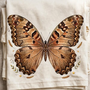 May include: A cream-colored t-shirt featuring a large, detailed butterfly graphic in shades of brown, tan, and black. The butterfly is surrounded by small illustrations of wheat stalks and white daisy flowers, centered on the front of the garment.