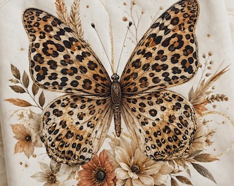 Motyl lampart PNG, boho kwiatowy nadruk zwierzęcy, sublimacja, przezroczyste tło