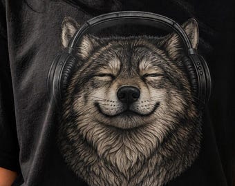 Wolf Headphones T-Shirt Chill Wolf Shirt Aesthetic Animal Tee Relaxing Music Lover Shirt Cute Dog Graphic Tee Gift for Her