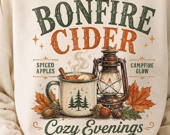 Cyfrowy cydr Bonfire PNG, przytulna jesienna sublimacja przy ognisku, projekt jesiennej bluzy