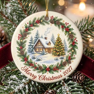 Ornement en céramique Joyeux Noël 2027, Décoration de sapin chalet d'hiver aquarelle, Souvenir de Noël daté