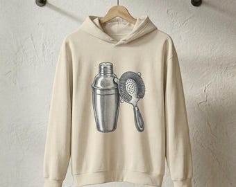 Sudadera con capucha estilo shaker vintage - Regalo para bartender - Sudadera con estampado de coctelería - Ropa retro de bar - Sudadera beige acogedora - Conjunto para bar en casa