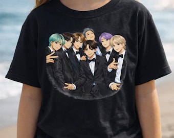 BTS 2.0 Anime Kids Shirt, Kpop Fan Gift Tee for Girls, Korean Boy Band Inspired T-Shirt, Cute Turquoise Kids Concert Outfit