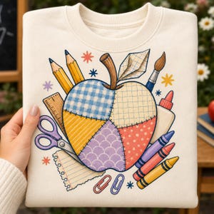 Digital Patchwork Apple PNG, Back to School Teacher Shirt Sublimation Design