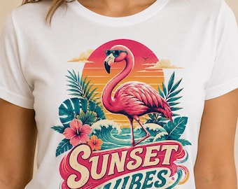 Digital Sunset Vibes Flamingo PNG, Tropical Summer Shirt Design, Retro Beach Flamingo Sublimation, Printable Download