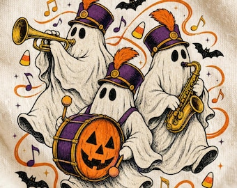 Digital Halloween Ghost Band PNG, Spooky Marching Music Clipart, Retro Sublimation Design