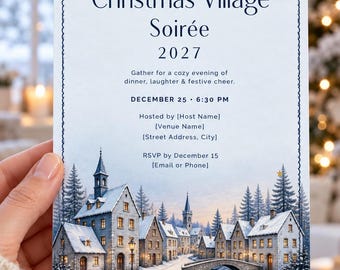 Digital Christmas Village Invitation Template, Editable Canva Winter Dinner Party, Blue Printable 2027