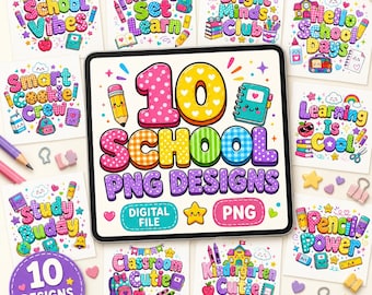 Paquete de imágenes PNG digitales para la escuela, 10 diseños lindos para la vuelta al cole, imágenes prediseñadas kawaii para el aula, imágenes PNG para sublimación de camisetas de profesores y alumnos