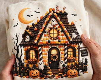 Cyfrowy Dom z Nawiedzonymi Cukierkami PNG, Uroczy Duch Dyni na Halloween do Wydruku