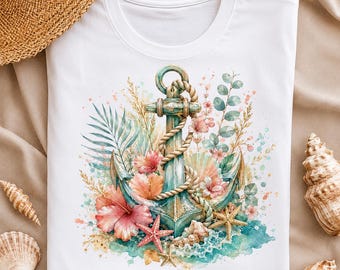 Digital Download Anchor PNG, Coastal Nautical Sublimation, Tropical Floral Anchor T-Shirt Design, Beach Sweatshirt PNG