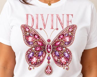 Descarga digital Mariposa Divina PNG, imágenes prediseñadas de mariposa con diamantes de imitación rosas, diseño de camiseta de sublimación de mariposa brillante