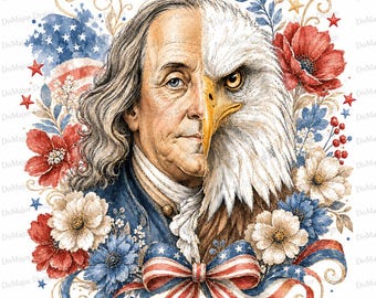 PNG patriótico digital, diseño de águila calva de Benjamin Franklin, sublimación de acuarela americana, camiseta del 4 de julio