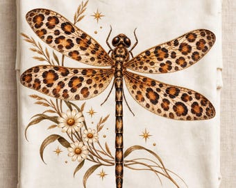 Leopard Print Dragonfly PNG, Boho Floral Insect Sublimation Design, Mystical Bug Digital Download