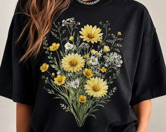 Descarga digital de ramo de flores silvestres amarillas en formato PNG, imágenes prediseñadas florales de margaritas en acuarela, diseño botánico para camisetas, sublimación de flores de primavera.