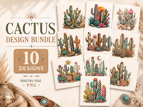 Digital Cactus PNG Bundle, Boho Western Cactus Clipart, 10 Designs, Sublimation Print, Cowgirl Desert Shirt, PNG Digital File