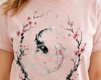 Digital Koi Fish PNG, Cherry Blossom Watercolor T Shirt Design, Japanese Sakura Clipart, Yin Yang Koi Sublimation Art