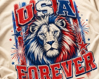 Descarga digital de un león estadounidense en formato PNG, diseño patriótico para camisetas del 4 de julio, imágenes prediseñadas de un león americano, sublimación Forever 1776.