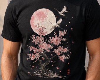 Digital Sakura PNG, Cherry Blossom Tree T Shirt Design, Japanese Crane Watercolor Clipart, Pink Moon Sublimation Art