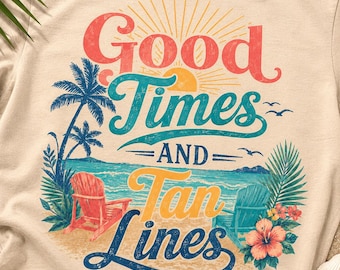 Descarga digital de imágenes PNG de líneas de bronceado de Good Times, diseño de sublimación de playa de verano, imágenes prediseñadas para camisetas de vacaciones, palmeras y olas del océano, archivos de sillas de playa.