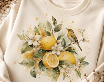 Digital Download Lemon PNG, Citrus Floral Sublimation Design, Botanical Lemon Bird T-Shirt Print, Summer Sweatshirt PNG