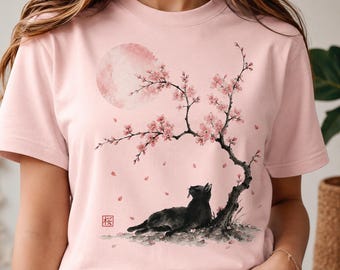 Digital Black Cat PNG, Sakura Cherry Blossom T Shirt Design, Japanese Cat Watercolor Clipart, Pink Moon Sublimation Art