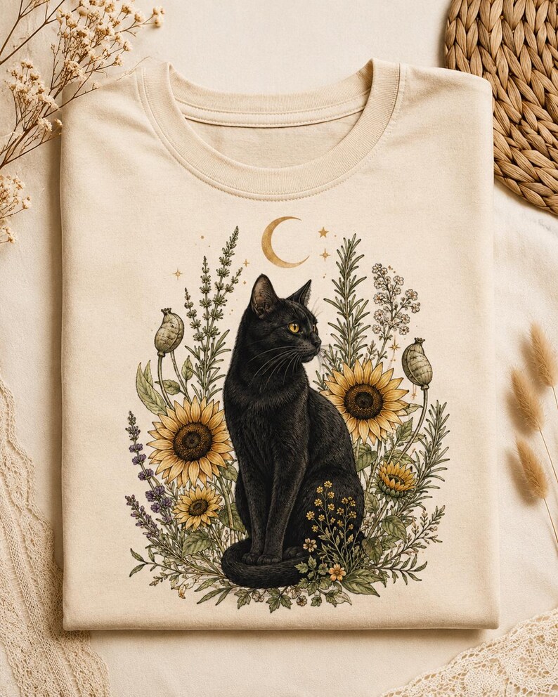 May include: A cream-colored t-shirt featuring a graphic illustration of a black cat sitting amidst a cluster of sunflowers, lavender, and various botanical elements, topped with a golden crescent moon and small star accents in the center.