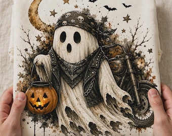 Biker Ghost Halloween PNG, Motorcycle Spooky Rider Design, Haunted Sublimation Clipart