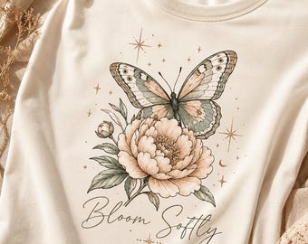 Pobierz cyfrowo obraz „Motyl Peony” w formacie PNG, projekt koszulki Bloom Softly Boho z motywem kwiatowym, sublimacja motyli, sztuka Cottagecore
