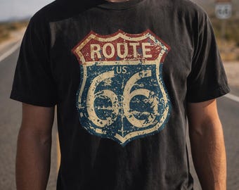 Vintage Route 66 Distressed T Shirt, Retro Road Trip Tee, Unisex Americana Graphic Shirt, Historic Highway Travel Gift, Black Vintage Tee