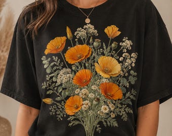 Amapola digital de California PNG, ramo de flores silvestres naranjas, imágenes prediseñadas botánicas florales, diseño de camiseta estilo cottagecore, descarga floral