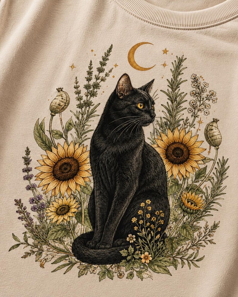 May include: A beige t-shirt featuring a graphic print of a black cat sitting amidst sunflowers, lavender, and small yellow flowers. Above the cat is a golden crescent moon and stars. The illustration is detailed with botanical elements and foliage.