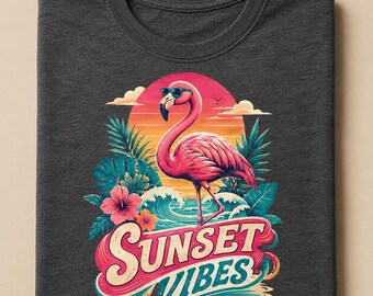 Flamenco con ambiente de atardecer digital PNG, diseño de camiseta de verano tropical, sublimación de flamenco playero retro, descarga imprimible