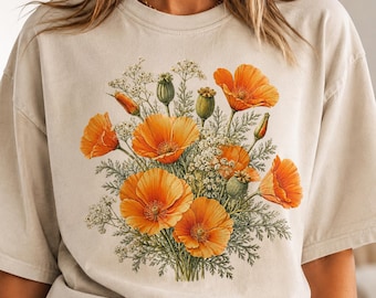 Amapola digital de California PNG, ramo de flores silvestres naranjas, imágenes prediseñadas botánicas florales, diseño de camiseta estilo cottagecore, descarga floral