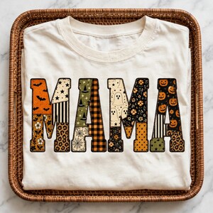 Halloween Mama PNG, Patchwork Pumpkin Ghost Clipart, Retro Mom Shirt Sublimation Design, Instant Download