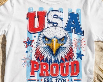 Descarga digital USA Proud Png, diseño de sublimación del águila patriótica 1776, imágenes prediseñadas para camisetas del 4 de julio, archivo de orgullo estadounidense