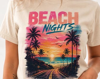 Digital Beach Nights PNG, Tropical Sunset T Shirt Design, Retro Palm Tree Beach Clipart, Summer Vacation Sublimation Art
