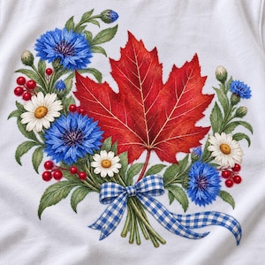 Puede incluir: Una superficie de tela blanca con una ilustración impresa de una gran hoja de arce roja rodeada de acianos azules, margaritas blancas, hojas verdes y pequeñas bayas rojas, todo atado con una cinta de cuadros vichy azul y blanca.