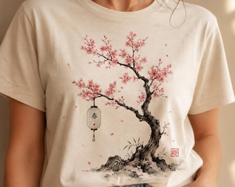 Digital Sakura PNG, Cherry Blossom Lantern T Shirt Design, Japanese Spring Clipart, Watercolor Tree Sublimation Art