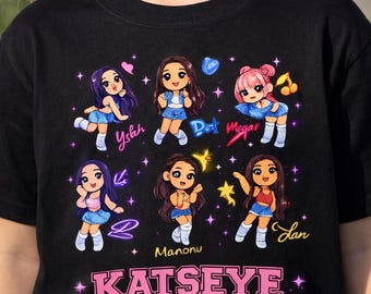 Camiseta infantil KATSEYE, camiseta com estampa chibi KATSEYE, camiseta para meninas fãs de K-pop, camiseta branca fofa para crianças, presente para jovens fãs de música.
