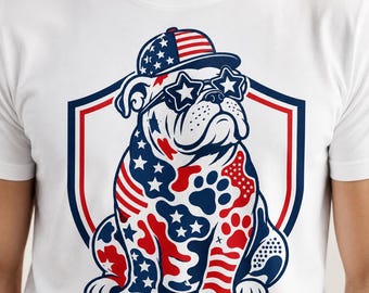 Descarga digital de un bulldog patriótico en formato PNG, diseño de perro para el 4 de julio, archivo de sublimación de un bulldog con la bandera estadounidense, imagen PNG para amantes de los perros.